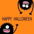 Happy Halloween. Two black screaming monster head silhouette set. Eyes, teeth, tongue, hands. Hanging upside down. Funny Cute cart