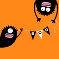 Happy Halloween Two screaming monster head silhouette. Bunting flags pack Boo letters. Flag garland. Hanging upside down. Black Fu Royalty Free Stock Photo