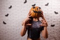 Happy Halloween! Two young cute women with pumpkin head having f Royalty Free Stock Photo