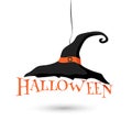 Happy Halloween typography text banner and large black witch hat cartoon