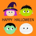 Happy Halloween. Vampire count Dracula, Mummy, whitch hat, Frankenstein zombie round face head icon set. Cute cartoon funny spooky Royalty Free Stock Photo