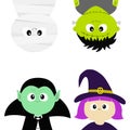 Happy Halloween. Vampire count Dracula, Mummy, whitch hat, zombie round face head body icon set. Hanging upside down. Cute cartoon Royalty Free Stock Photo