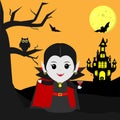 Happy Halloween. Vampire Dracula in the style of the cartoon stands next to the castle in the background of the moon at