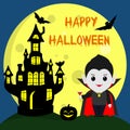 Happy Halloween. Vampire Dracula in the style of the cartoon stands next to the castle in the background of the moon at Royalty Free Stock Photo