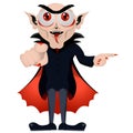 Happy Halloween. The vampire shows you the way. Dracula invites. Cute cartoon vampire character with big open mouth, tongue, fangs Royalty Free Stock Photo