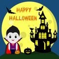 Happy Halloween. The vampire in the style of the cartoon stands next to the Castle on the background of the moon at night. Holds a