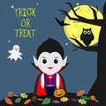 Happy Halloween. A vampire in the style of a cartoon stands next to a tree. Holds a pumpkin with sweets. Owl, ghost, full moon at