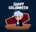 Happy halloween vampire vector design. Male vampire dracula with red eyes wearing cape while sitting inside the coffin.