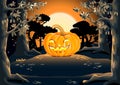 Cheerful pumpkin in dark forest against orange moon