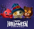 Happy halloween vector background template. Happy halloween text with creepy face teddy bear, demon and bear characters.