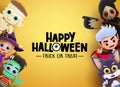 Happy halloween vector banner background. Halloween characters and trick or treat greeting text. Royalty Free Stock Photo