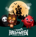 Happy halloween vector banner design. Happy halloween trick or treat text with creepy characters face like demon, bear.