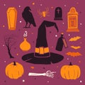 Happy Halloween. Vector colored silhouettes: pumpkin, witch hat, bats, bones and other traditional elements of Halloween. Royalty Free Stock Photo