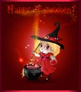 Happy halloween card with little witch girl with broom and cauldron on red background