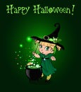 Happy halloween card with little witch girl with broom and cauldron on green background