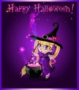 Happy halloween card with little witch girl with broom and cauldron on purple background