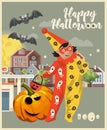 Happy Halloween vector greeting card with spooky Jack-o-lantern and Halloween clown