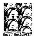 Happy halloween. Vector hand drawn illustration of girl with bleeding eyes in crowd .