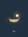 Happy halloween vector illustration card with monster smile glowing in the dark night, mouth full of scary teeth. Party