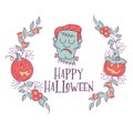 Happy Halloween illustration. Hand drawn greeting card, i