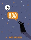 Happy Halloween Vector Illustration. Scared White Full Moon and Yowling Black Wofl.