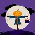 Happy Halloween vector illustration, spooky Halloween pumpkin scarecrow with Jack O lantern head holding candy basket at night. Royalty Free Stock Photo