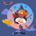 Happy Halloween! Vector illustrations of witch and bats on the moon