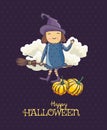 Happy Halloween vector invitation card with witch on broomstick Royalty Free Stock Photo