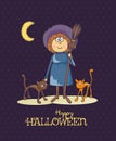 Happy Halloween vector invitation card with witch and two cats Royalty Free Stock Photo