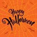 Happy Halloween vector lettering. Spooky spider web background. Royalty Free Stock Photo