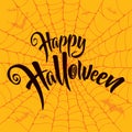 Happy Halloween vector lettering. Spooky spider web background. Royalty Free Stock Photo