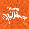 Happy Halloween vector lettering. Spooky spider web background. Royalty Free Stock Photo