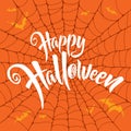 Happy Halloween vector lettering. Spooky spider web background.