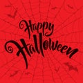 Happy Halloween vector lettering. Spooky spider web background. Royalty Free Stock Photo