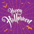 Happy Halloween vector lettering. Spooky spider web background. Royalty Free Stock Photo