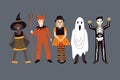 Happy Halloween set. Set of cute cartoon children in halloween costumes. Devil, witche, ghost, pumpkin, skeleton. Royalty Free Stock Photo