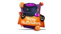 Happy Halloween, vertical greeting card in cartoon style with Halloween balloons and witch`s cauldron with potion Royalty Free Stock Photo