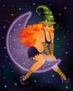 Happy Halloween vip card with red hair witch and moon