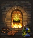 Happy Halloween wallpaper with fireplace and magic cauldron, witch book, glass jar