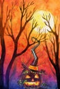 Happy Halloween Watercolor Background with fool moon, trees and pumkin luntern