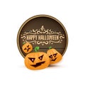 Happy Halloween web wooden board label with Halloween scary pumpkins isolated on white background . Funky kids Halloween Royalty Free Stock Photo