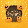 Happy Halloween web wooden board label with Halloween scary pumpkins isolated on orange background . Funky kids Royalty Free Stock Photo