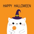 Happy Halloween. White cat holding sweet candy. Witch hat cap. Cute kawaii cartoon character. Baby pet animal collection. Flat Royalty Free Stock Photo