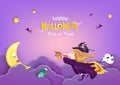 Happy Halloween, witch with cat fly on sky, papercutting, holiday vector background illustration Royalty Free Stock Photo