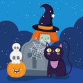 Happy halloween, witch cat tombstone skulls and pumpkin trick or treat party celebration Royalty Free Stock Photo