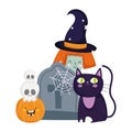 Happy halloween, witch cat tombstone skulls and pumpkin trick or treat party celebration Royalty Free Stock Photo