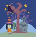 Happy halloween, witch costume tombstone bat raven night sky trick or treat party celebration