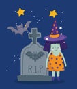 Happy halloween, witch costume tombstone bats night stars trick or treat party celebration