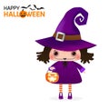 Happy Halloween witch cute girl and pumpkin isolated on white background. Kid Costume Party Vector illustration Royalty Free Stock Photo