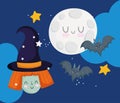 Happy halloween, witch face bats moon night sky stars trick or treat party celebration